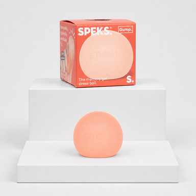 Speks Gump Memory Gel Stress Ball in Reef with matching coral retail package