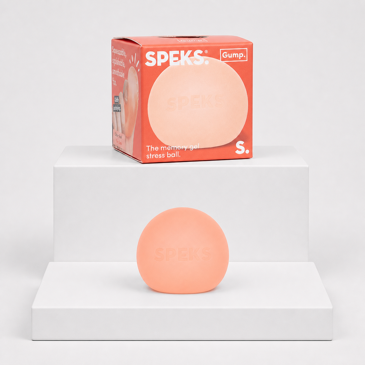 Speks Gump Memory Gel Stress Ball in Reef with matching coral retail package