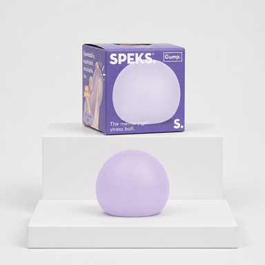 Speks Gump Memory Gel Stress Ball in Mist with matching purple retail package