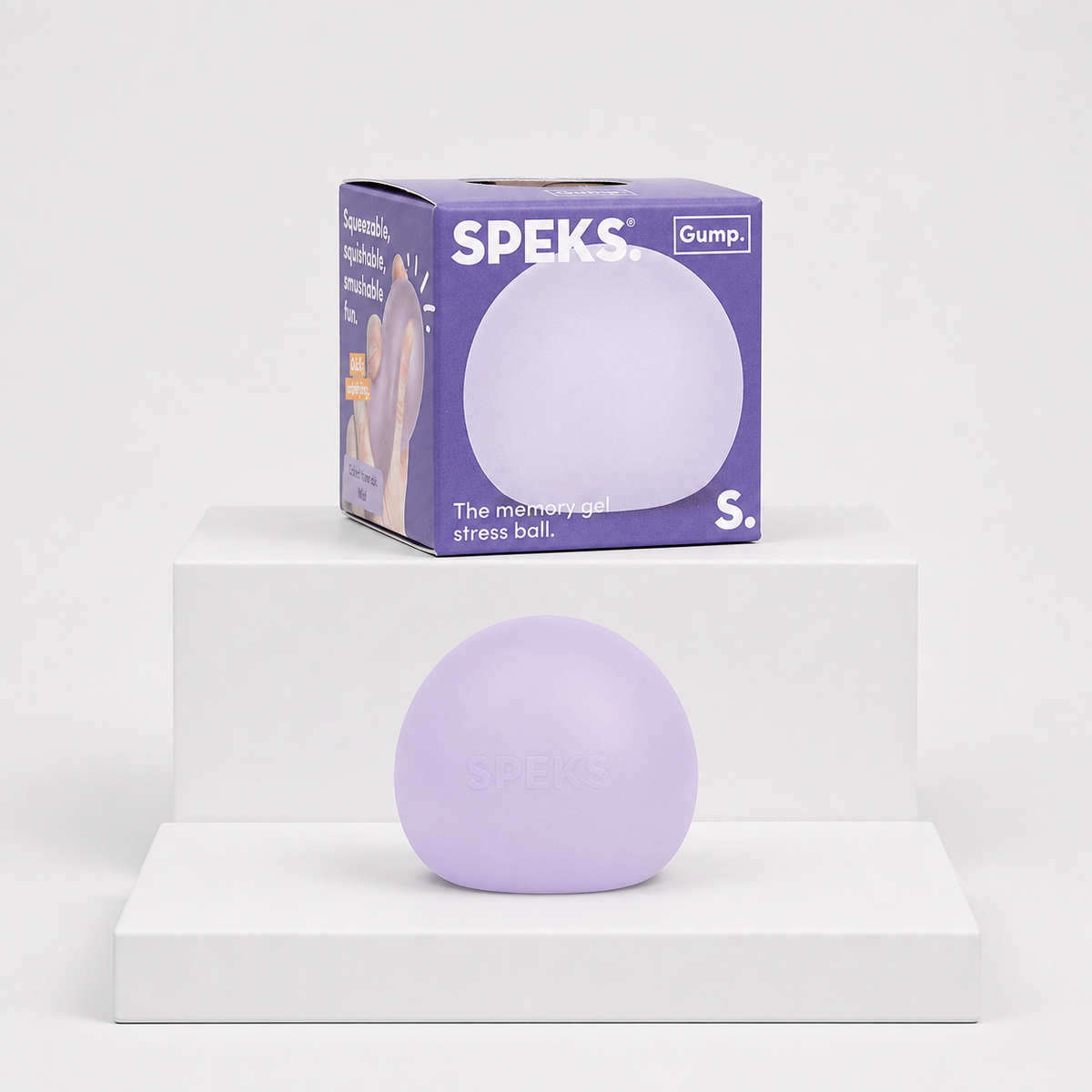Speks Gump Memory Gel Stress Ball in Mist with matching purple retail package