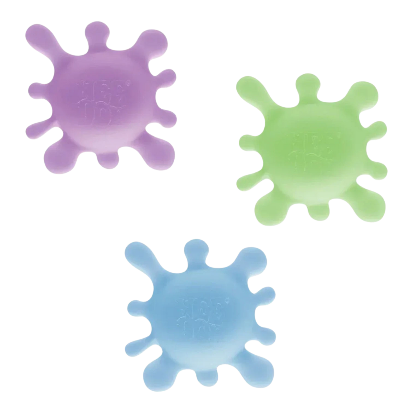 Squish Planet NeeDoh SplootSplat fidget toys in purple, green, and blue. Soft, stretchy, splat-shaped toys for stress relief.