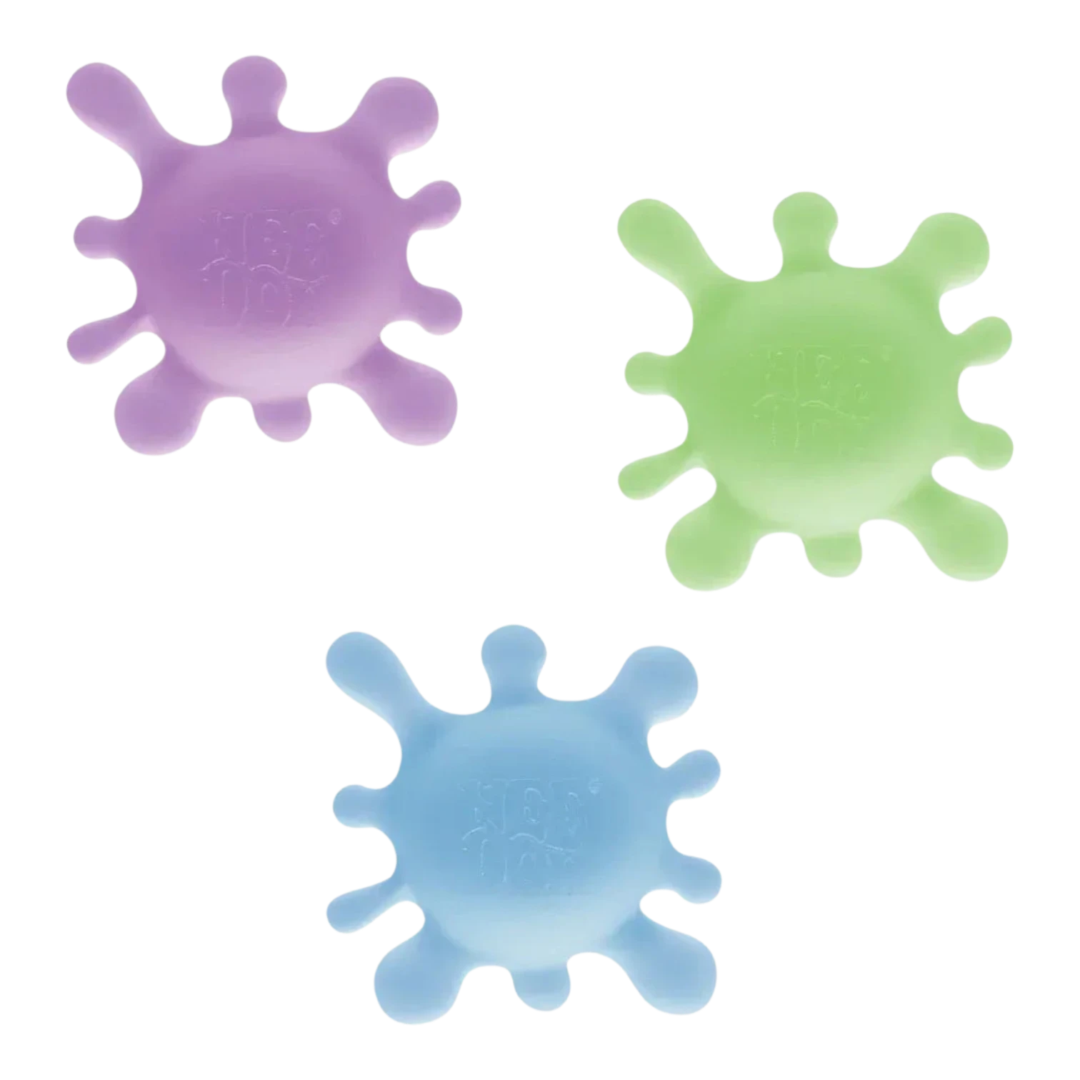 Squish Planet NeeDoh SplootSplat fidget toys in purple, green, and blue. Soft, stretchy, splat-shaped toys for stress relief.
