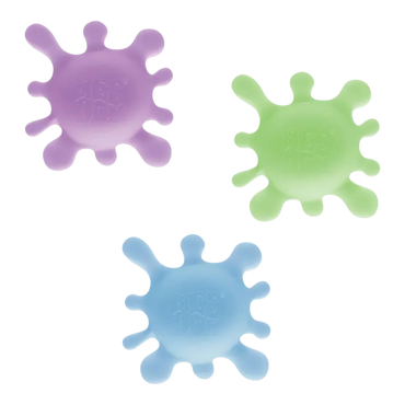 Squish Planet NeeDoh SplootSplat fidget toys in purple, green, and blue. Soft, stretchy, splat-shaped toys for stress relief.