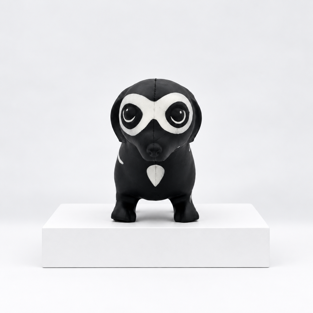 Black owl-shaped toy with white eye markings, front view