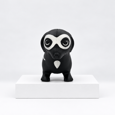 Black owl-shaped toy with white eye markings, front view