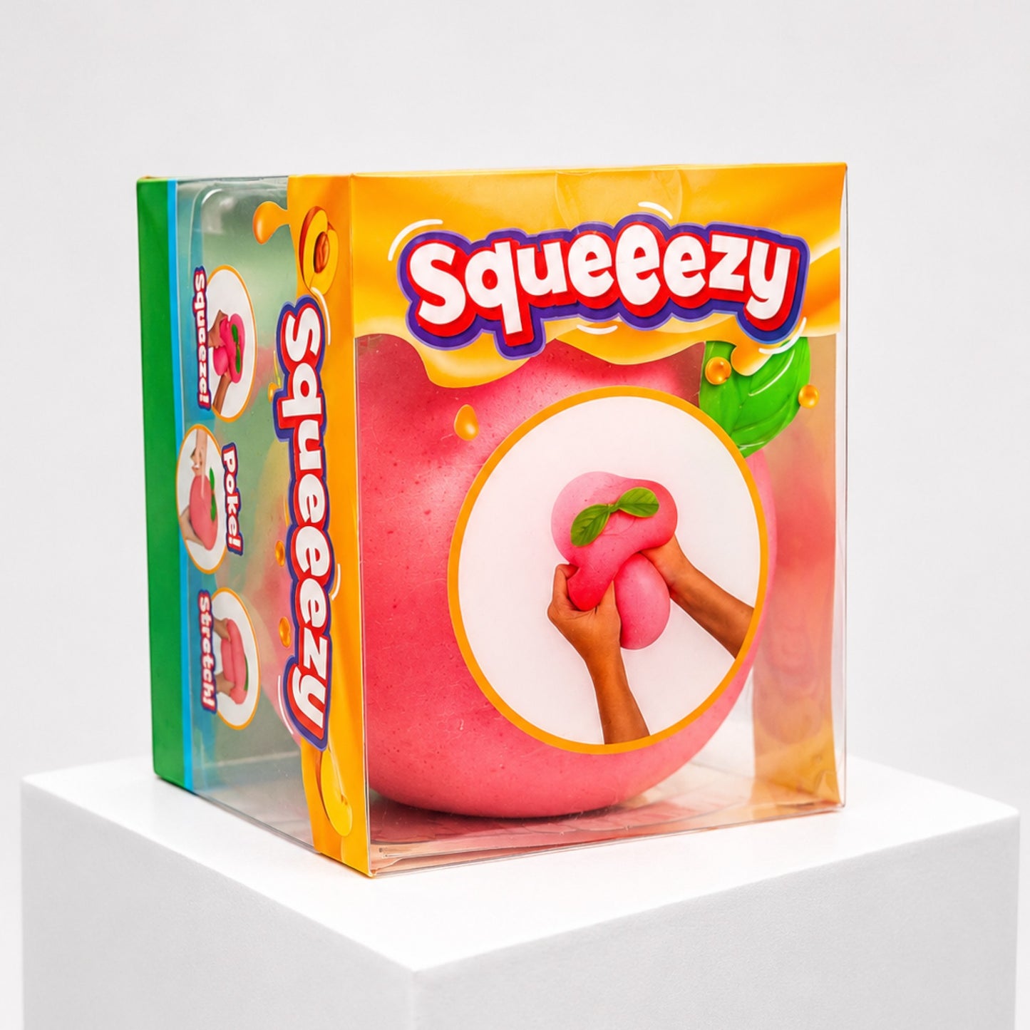 Squish Planet Sunny Days Entertainment Squeezy Peach sensory fidget toy in its colourful retail packaging box.