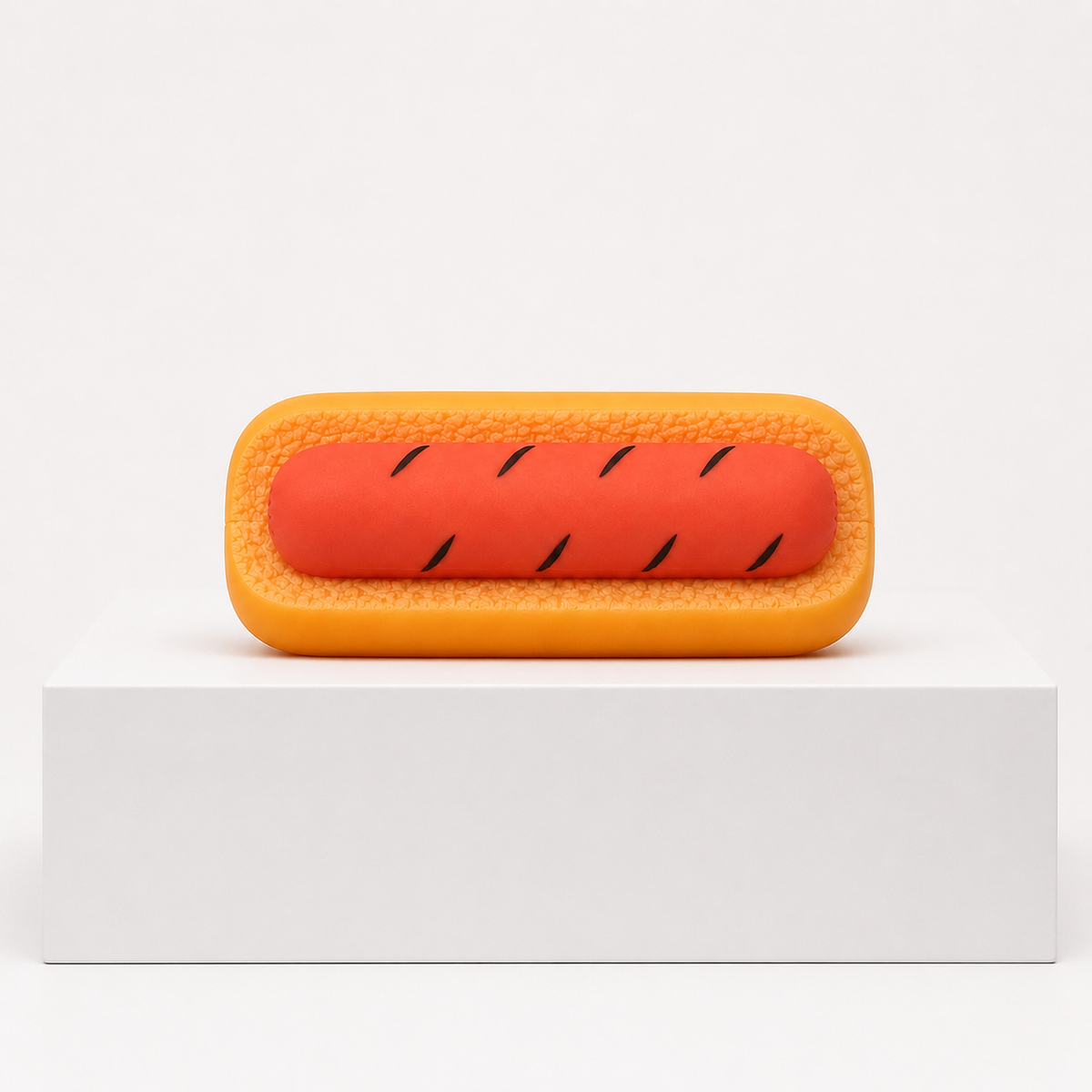 Loose Sunny Days Entertainment Hot Dog Squishy Fidget Toy with red sausage and orange bun on a white block