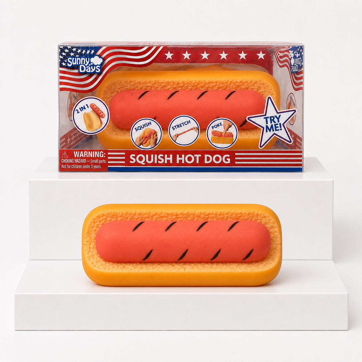 Sunny Days Entertainment Hot Dog Squishy Fidget Toy shown boxed and loose on white display blocks