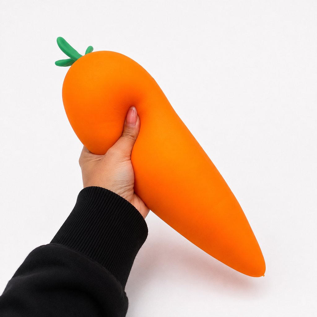 Hand squeezing an orange Squeeezy Carrot sensory toy