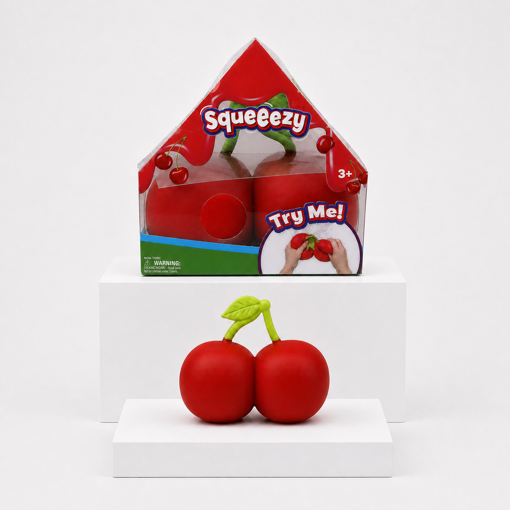 Sunny Days Entertainment Squeeezy Cherries package and loose sensory fidget toy on white display slabs