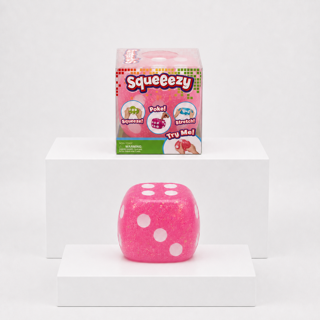Pink Squeeezy Dice sensory fidget toy with packaging