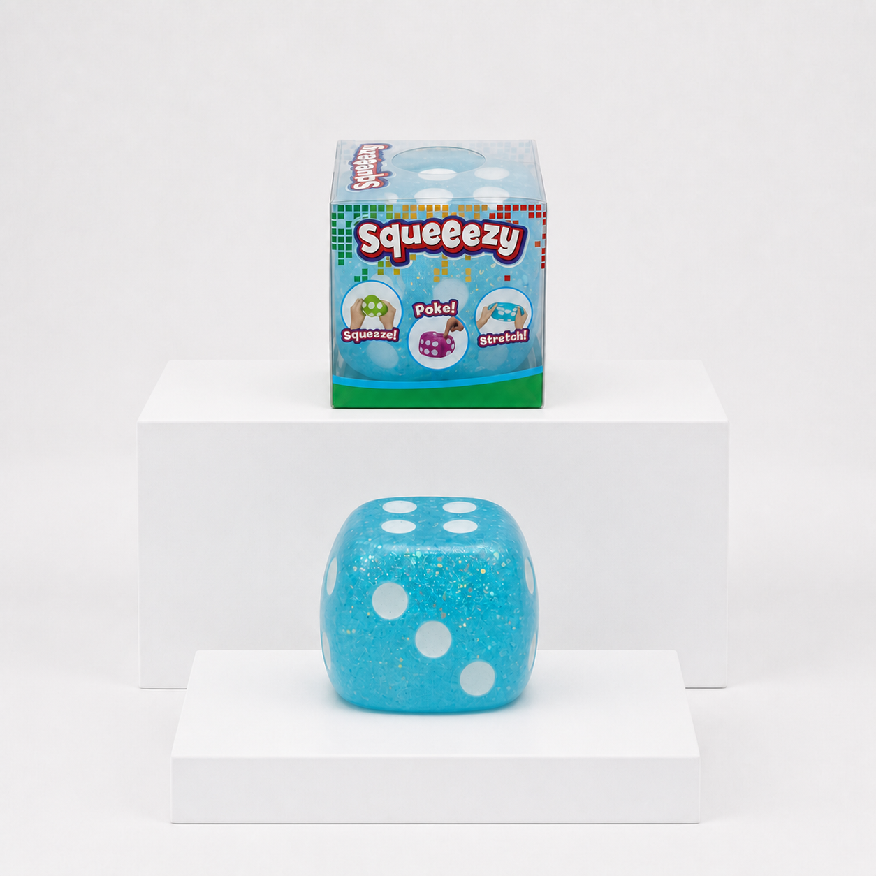 Blue Squeeezy Dice sensory fidget toy with packaging
