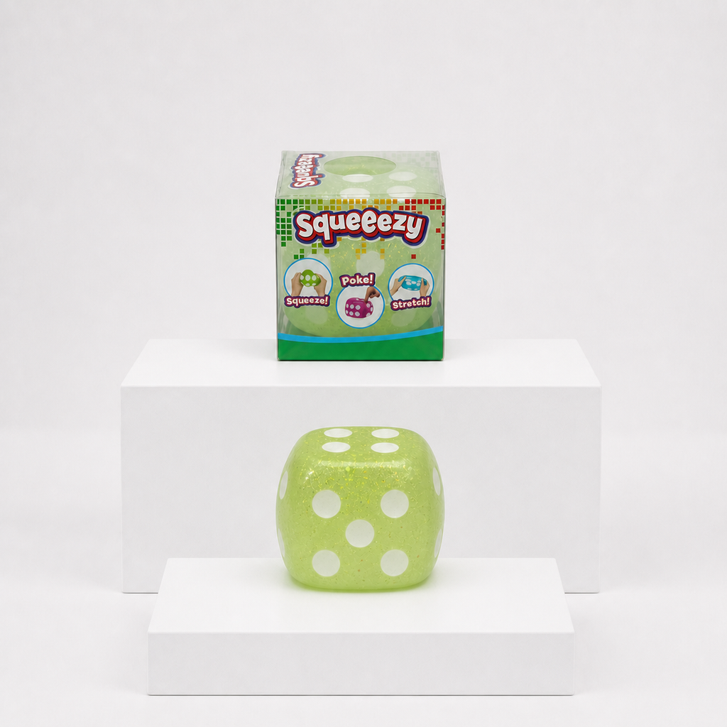Green Squeeezy Dice sensory fidget toy with packaging