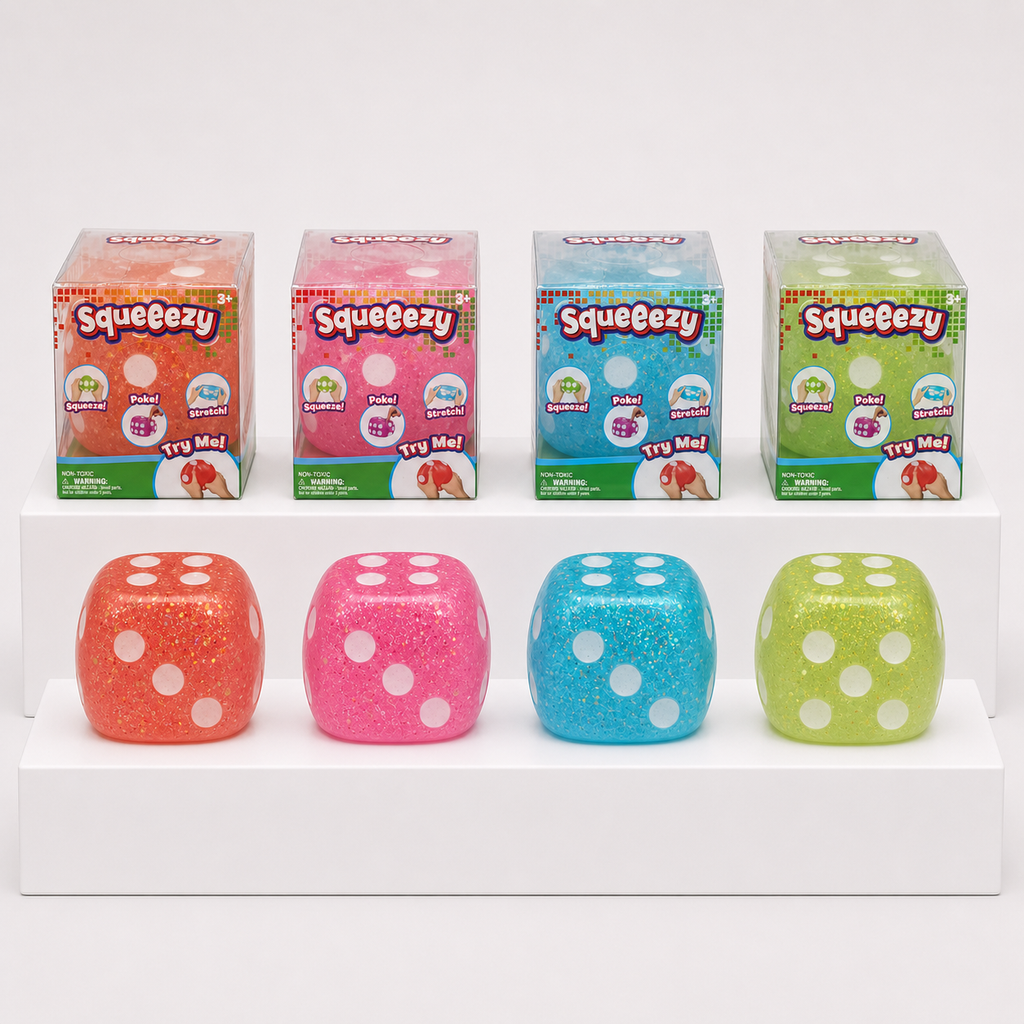 Squeeezy Dice orange, pink, blue and green package and product assortment