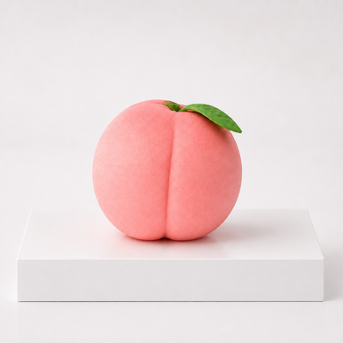 Pink Squeeezy Peach sensory toy with green leaf, front view