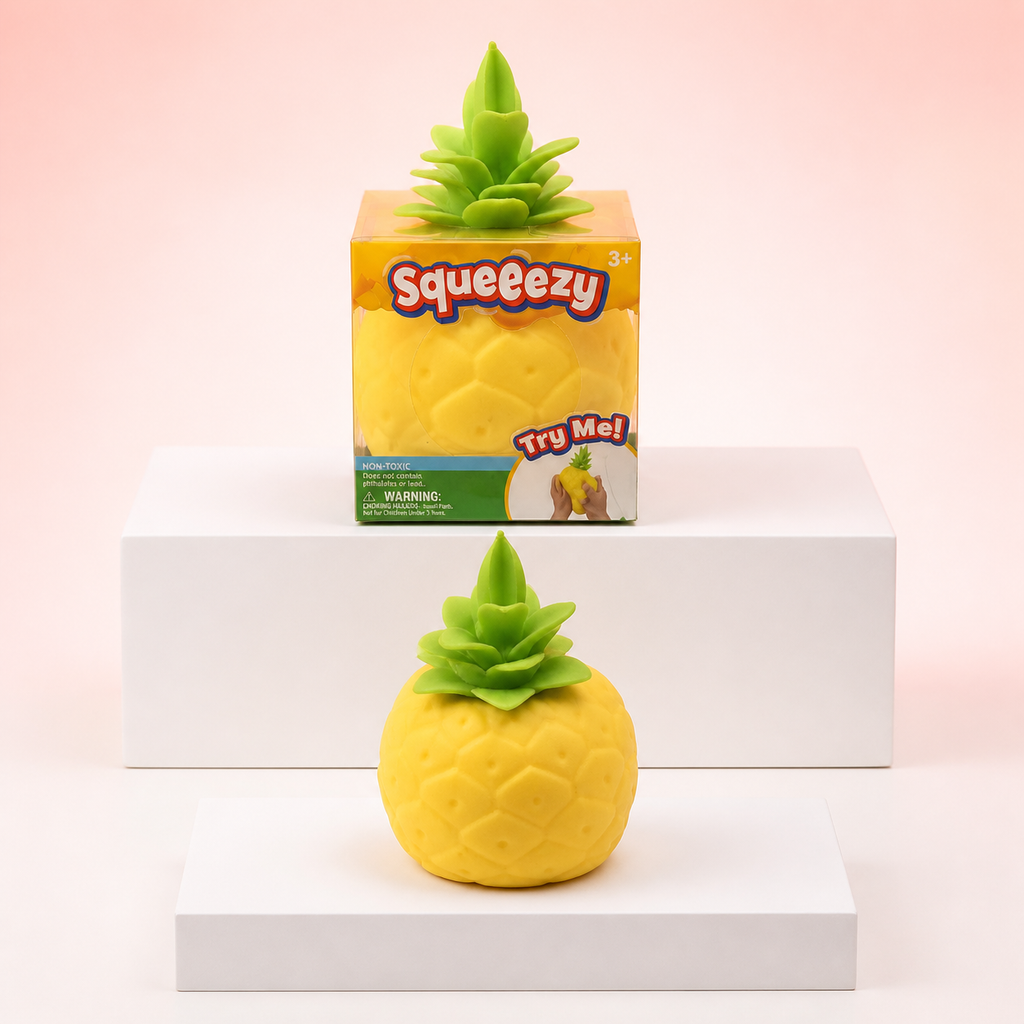 Yellow Squeeezy Pineapple sensory toy with matching retail box