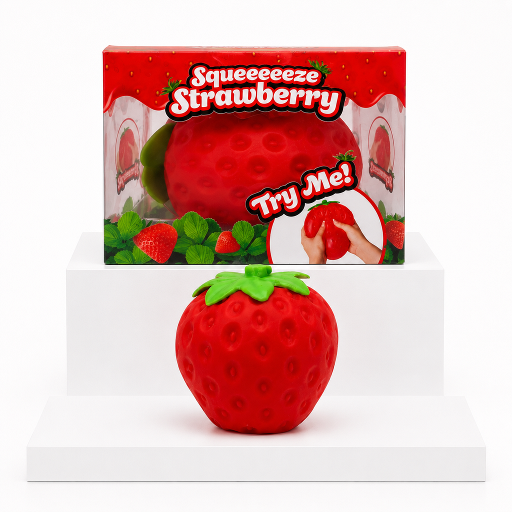 Red Squeeezy Strawberry sensory toy with matching retail box
