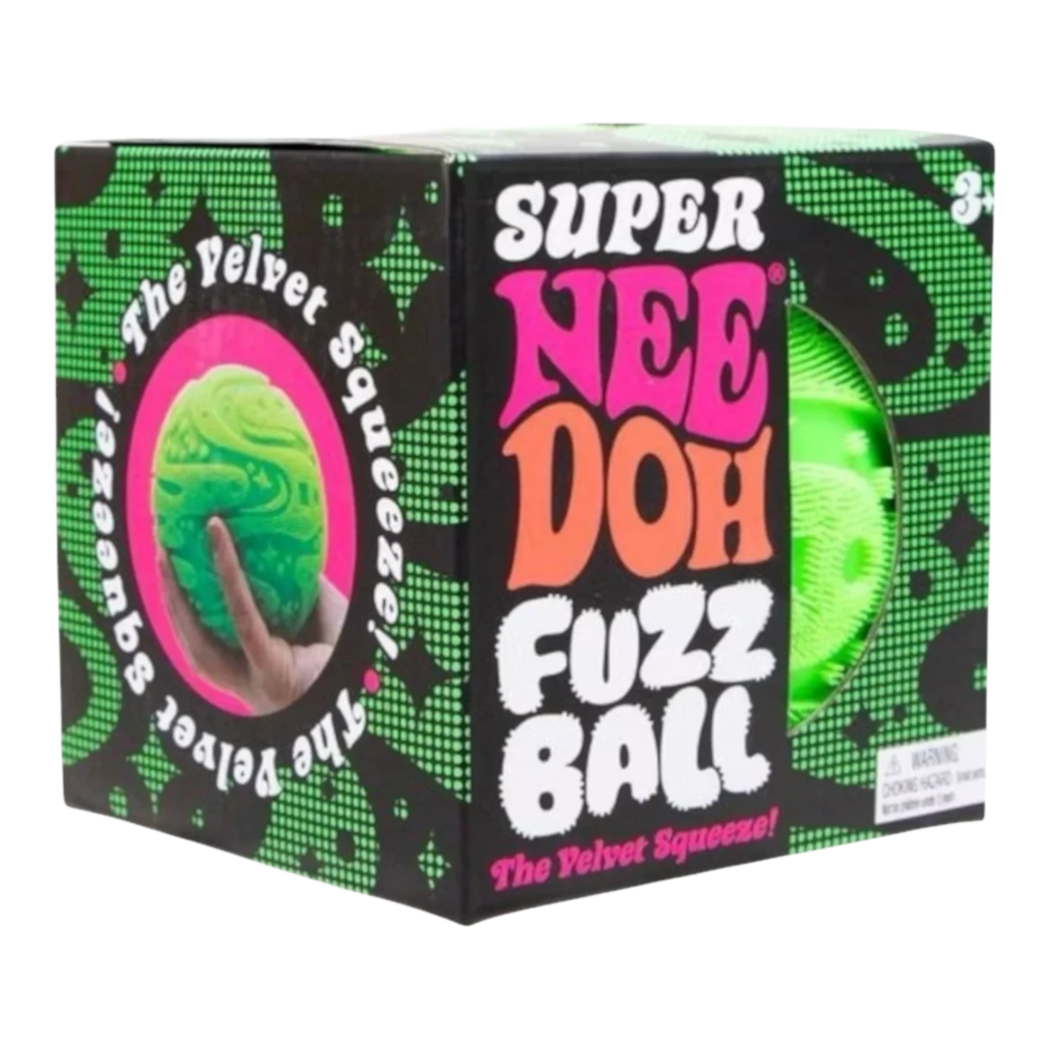 Squish Planet NeeDoh Super Fuzzball in neon green, a fuzzy textured squishy fidget toy for stress relief and sensory comfort.