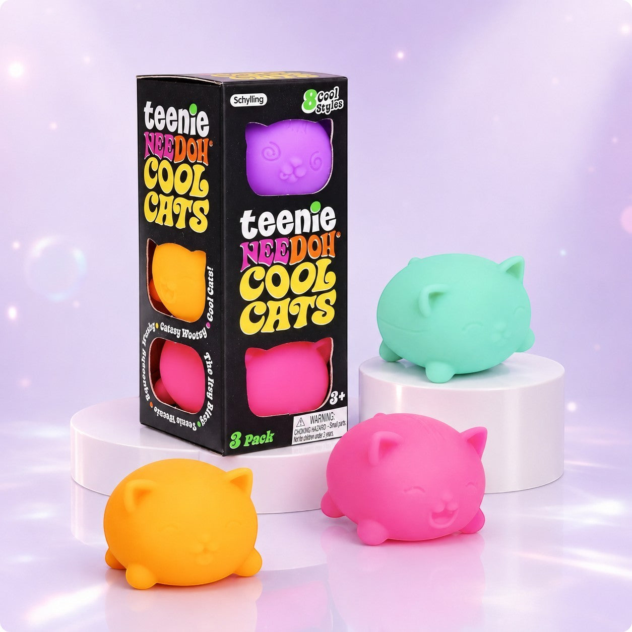Squish Planet NeeDoh Teenie Cool Cat three-pack featuring assorted colorful, soft, squishy cat-shaped fidget toys.