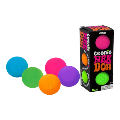 Squish Planet Teenie NeeDoh Groovy Glob sensory toy 3-pack in blue, green, orange, pink, and purple.