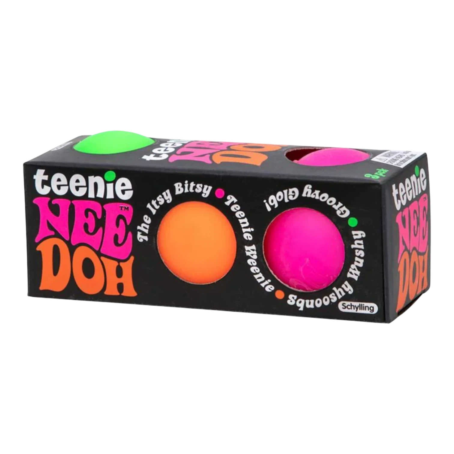 Squish Planet Teenie NeeDoh Groovy Glob three-pack sensory toy with neon orange and pink balls.