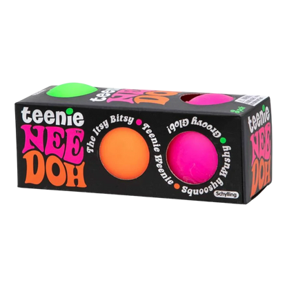 Squish Planet Teenie NeeDoh Groovy Glob three-pack sensory toy with neon orange and pink balls.