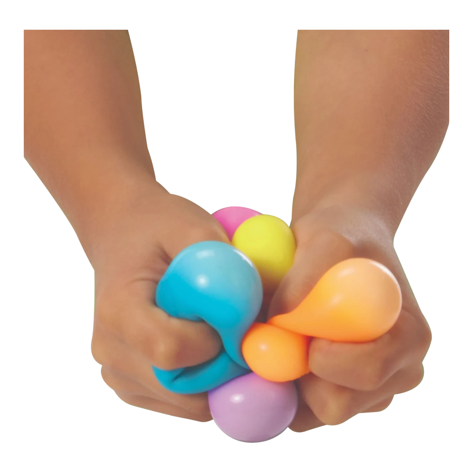 Squish Planet Teenie NeeDoh Groovy Glob sensory toy in blue, pink, yellow, orange, and purple being squeezed by hands.