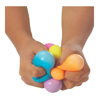 Squish Planet Teenie NeeDoh Groovy Glob sensory toy in blue, pink, yellow, orange, and purple being squeezed by hands.