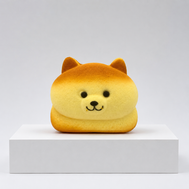 Dog-shaped animal bread squish toy with pointed ears and a smiling face on a white podium