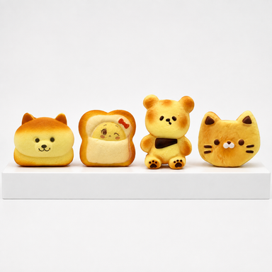 Four animal bread squish toys—dog, Kawaii Toast, bear and cat—lined up on a white podium