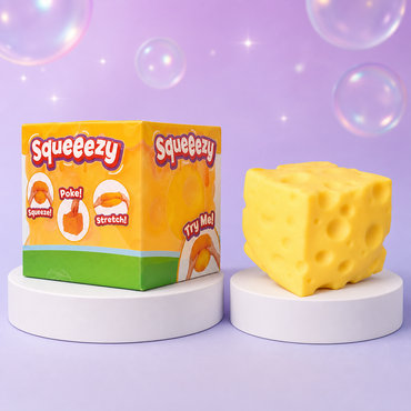 Sunny Days Squeeezy Cheese Block package and yellow cheese block sensory toy