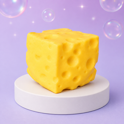 Yellow Squeeezy Cheese Block sensory fidget toy with molded cheese holes
