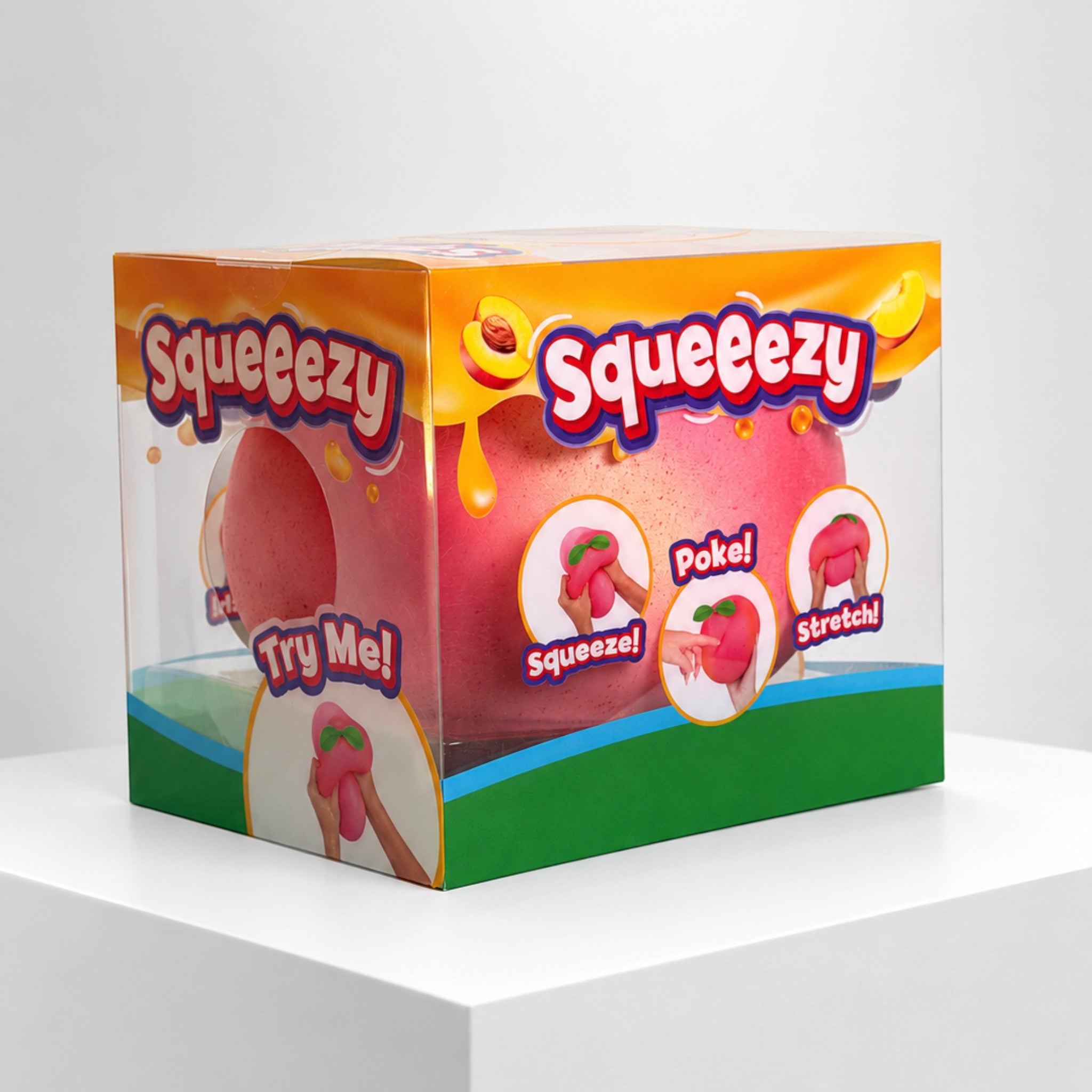 Squish Planet Sunny Days Entertainment Squeezy Peach sensory fidget toy in its colourful retail display box