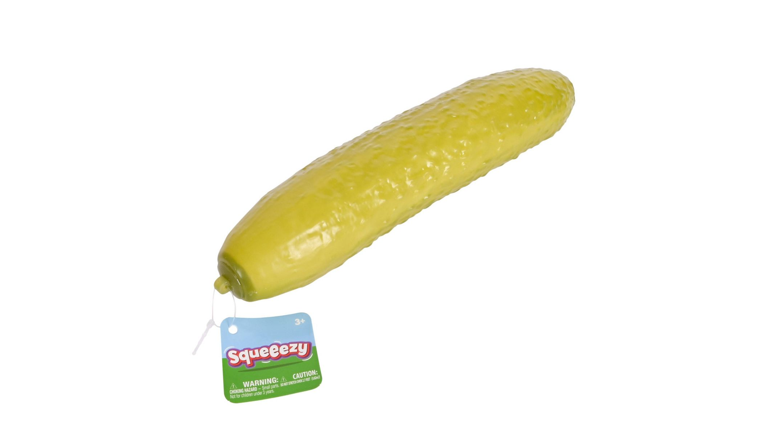 Green Sunny Days Squeeezy Pickle sensory toy with retail hang tag