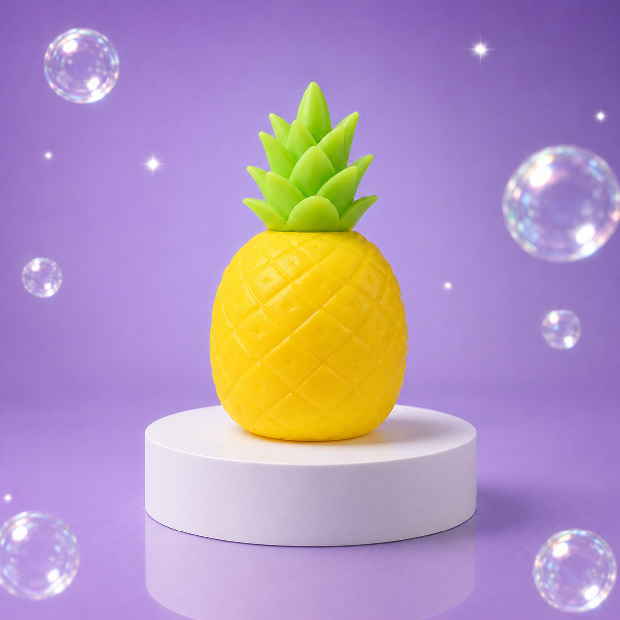 Yellow Sunny Days Squeeezy Pineapple sensory fidget toy displayed on a white podium.