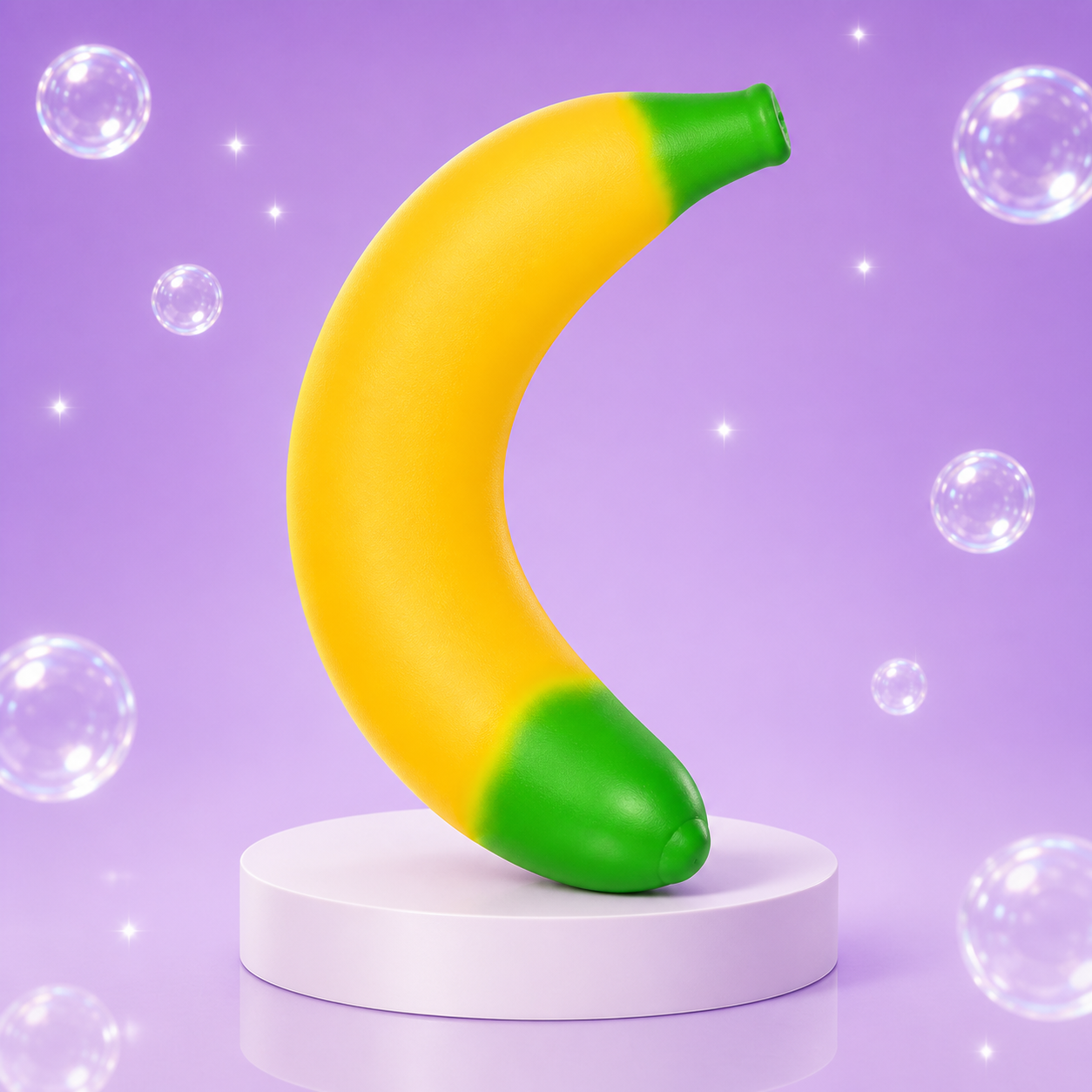 Sunny Days Entertainment Squeeezy Banana sensory fidget toy on a Squish Planet purple display.