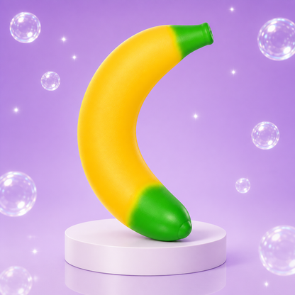 Sunny Days Entertainment Squeeezy Banana sensory fidget toy on a Squish Planet purple display.