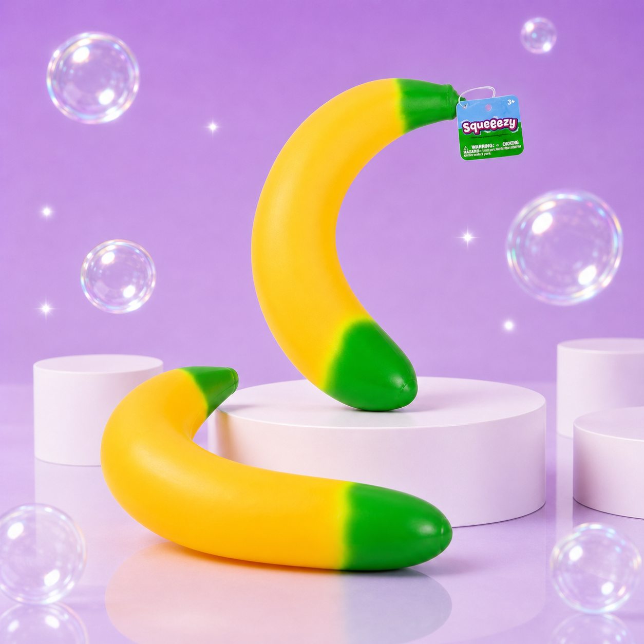 Sunny Days Entertainment Squeeezy Banana sensory fidget toy with original tag on a Squish Planet purple display.