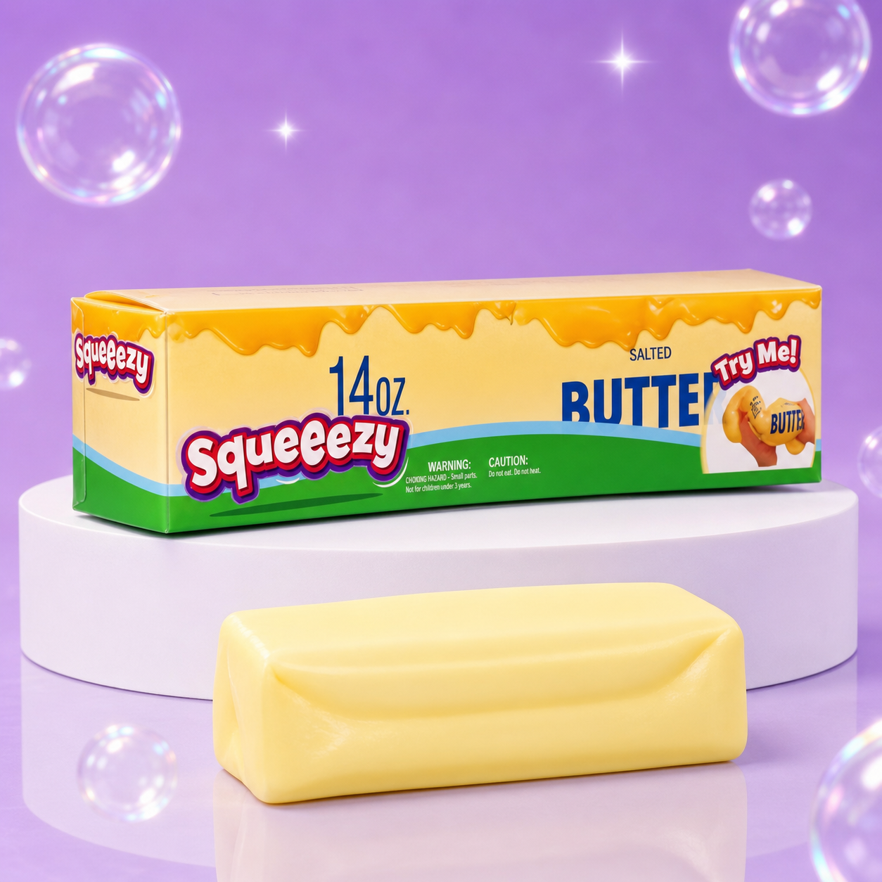 Sunny Days Entertainment Squeezeezy Butter sensory fidget toy with packaging on a Squish Planet purple display.