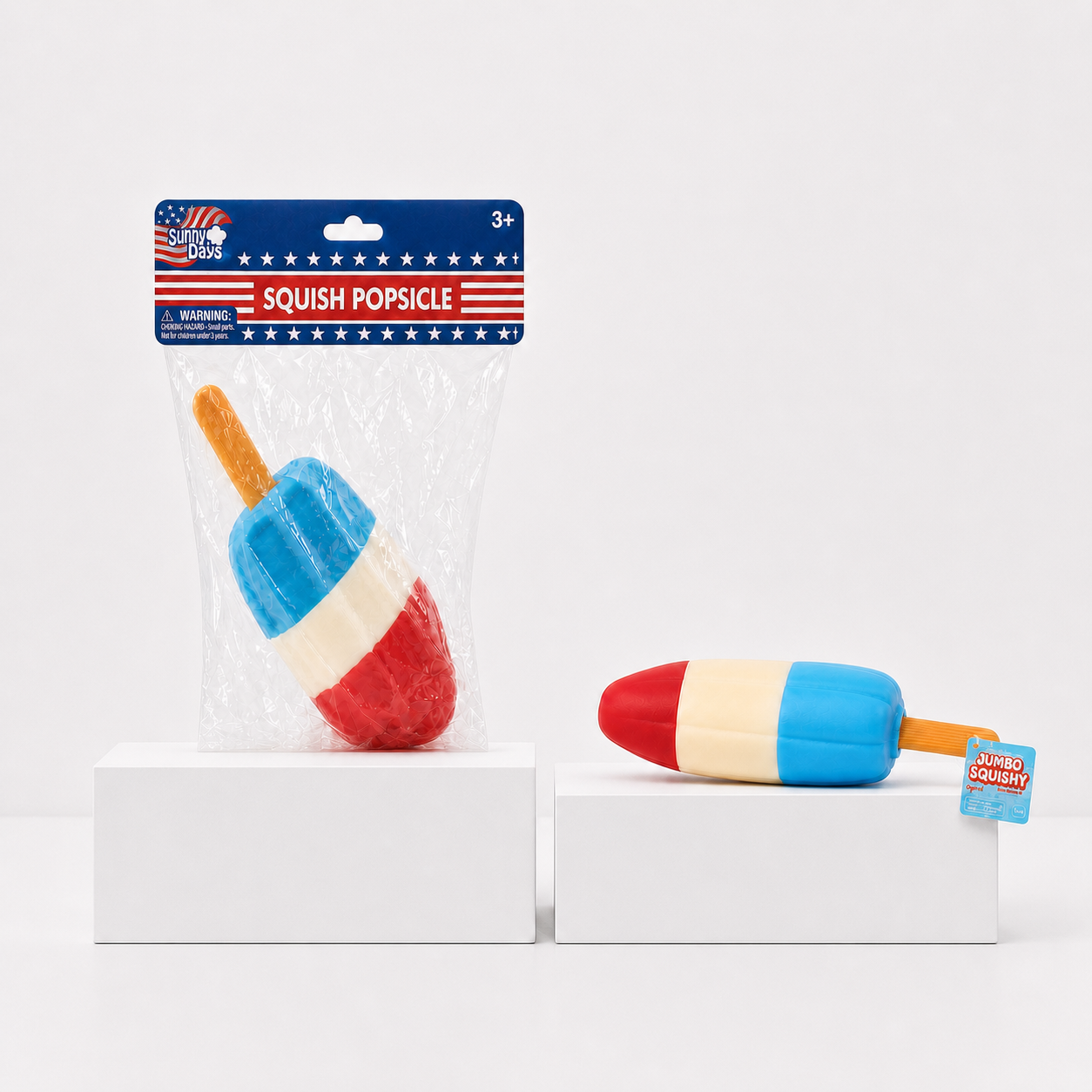 Sunny Days Squish Popsicle package and red cream blue jumbo sensory toy centered on equal white podiums