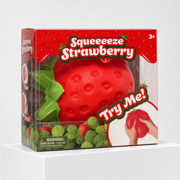 Sunny Days Squeeeze Strawberry sensory fidget toy in red clear-window packaging on a white podium.