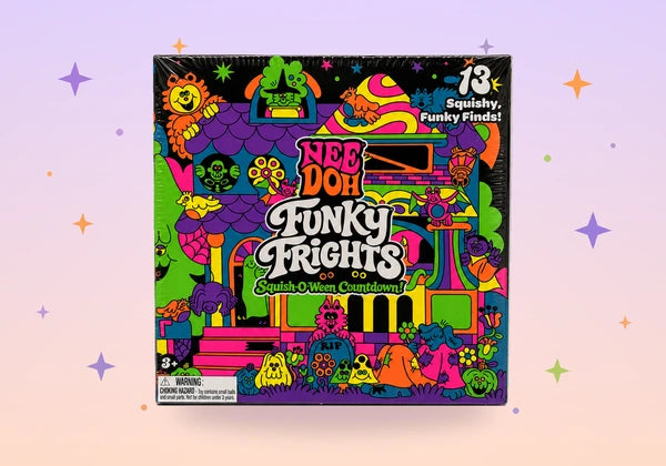 NeeDoh Funky Frights Halloween squishies countdown box on a starry pastel background